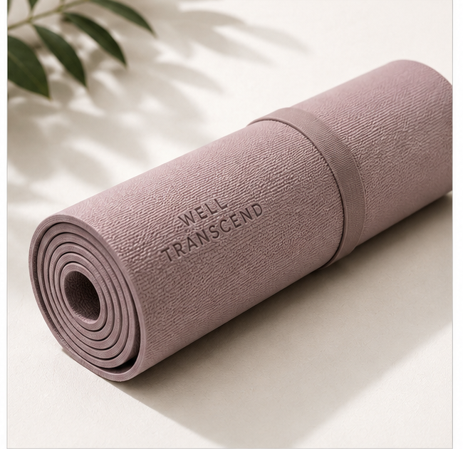 Soft mauve non-slip yoga mat with carrying strap for Pilates, stretching, and home workouts.