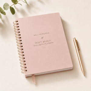 Soft reset wellness planner with blush cover for weekly planning, movement, meals, and self-care routines.